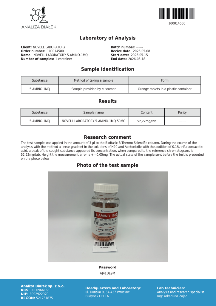 Photo of a small bottle labeled 5-AMINO-1MQ 50mg with a barcode beneath, shown on a laboratory report page titled 'Laboratory of Analysis'.
