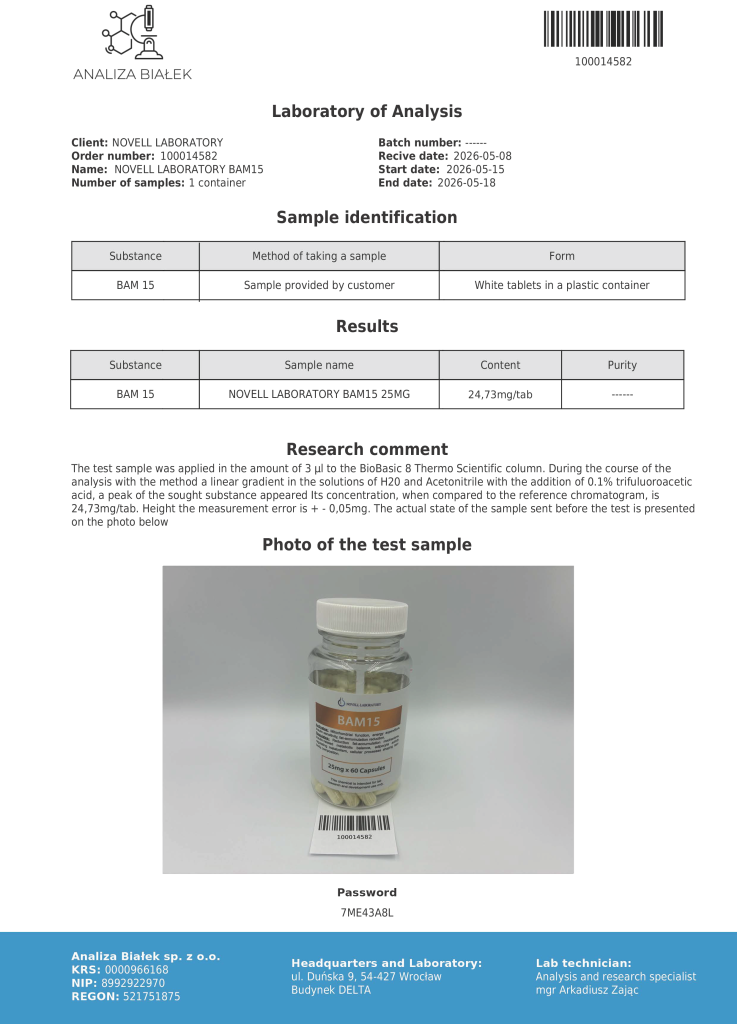 Photo of a BAM15 sample bottle on a lab report page with a barcode and headings like 'Laboratory of Analysis' and 'Sample identification'.