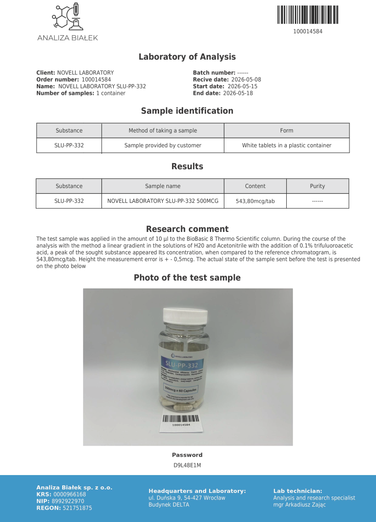 Page from a protein analysis report showing a bottle labeled SLU-PP-332 with a barcode tag beneath, standing on a white surface.