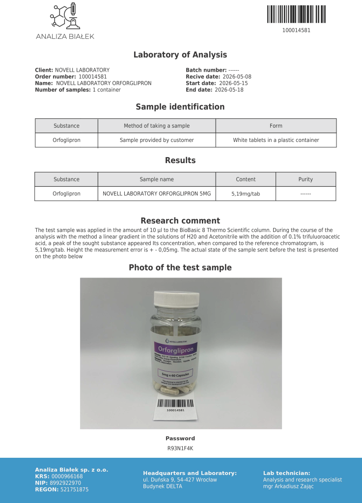 Bottle labeled Orforglipron on a laboratory results page with a barcode tag nearby