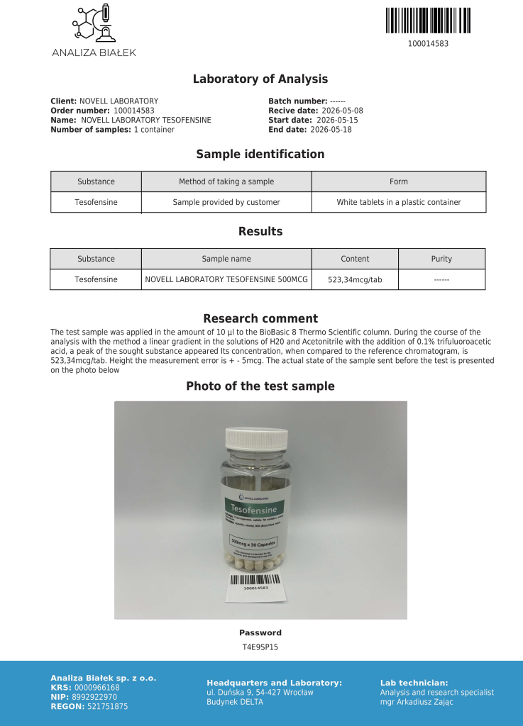 Lab analysis report page with sample details and a photo of a Tesofensine bottle with barcode on the page header area.